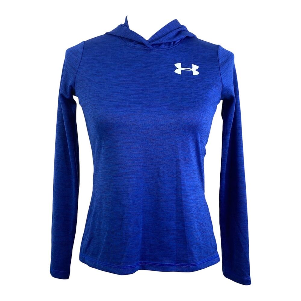 Under Armour HeatGear Hooded Shirt Girls Medium Blue Big Logo Loose Athletic
